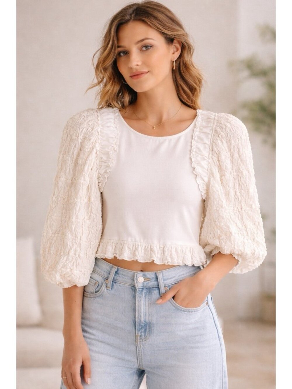 Free People Olivia Romantic Textured Puff Sleeve Blouse Cottagecore Size XS